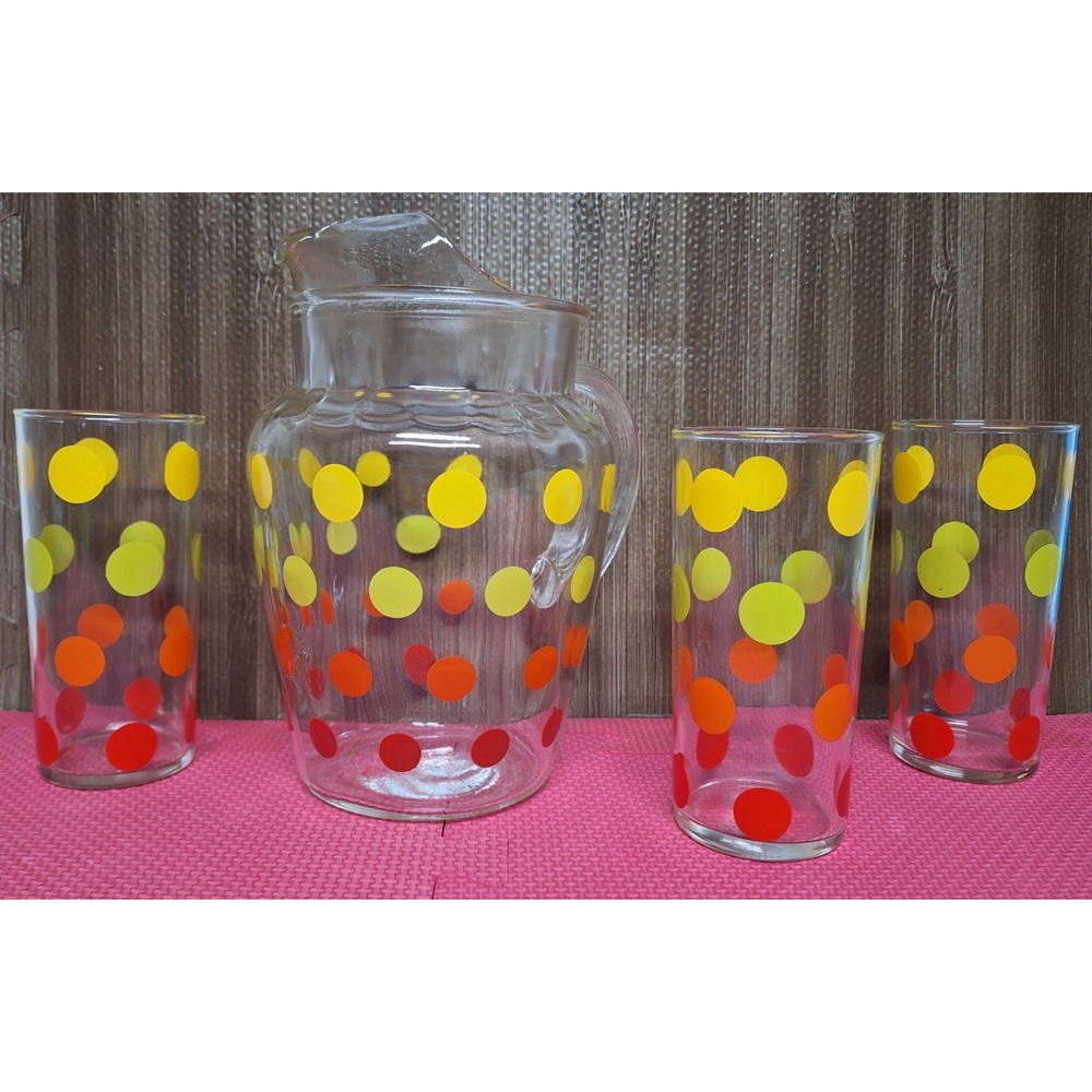 Vintage Hazel Atlas Polka Dots 64oz Pitcher & Cups Tall Glasses Yellow Green Red